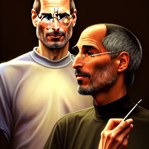 Prompt: Portrait of steve jobs and tupac smoking pot in heaven, D&D, fantasy, intricate, elegant, highly detailed, digital painting, artstation, concept art, smooth, sharp focus, illustration, art by artgerm and greg rutkowski and alphonse mucha