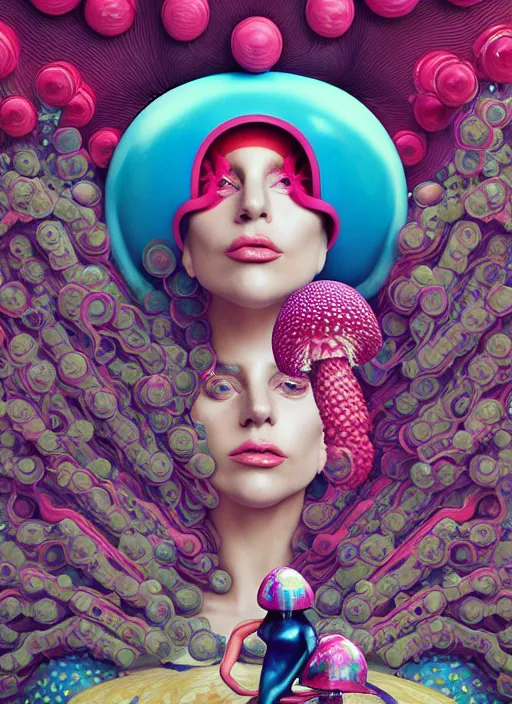 Image similar to lady gaga with futuristic mushroom : : by martine johanna and simon stalenhag and chie yoshii and casey weldon and wlop : : ornate, dynamic, particulate, rich colors, intricate, elegant, highly detailed, vogue, harper's bazaar art, fashion magazine, smooth, sharp focus, 8 k, octane render,