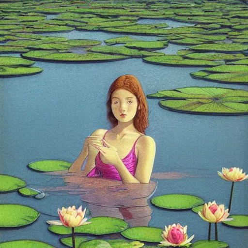 Image similar to A girl bathes in a lake where water lilies are floating, art by moebius, High definition, detailed,