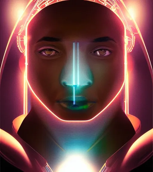 Image similar to symmetry!! egyptian prince of technology, solid cube of light, hard edges, product render retro - futuristic poster scifi, lasers and neon circuits, brown skin man egyptian prince, intricate, elegant, highly detailed, digital painting, artstation, concept art, smooth, sharp focus, illustration, dreamlike, art by artgerm