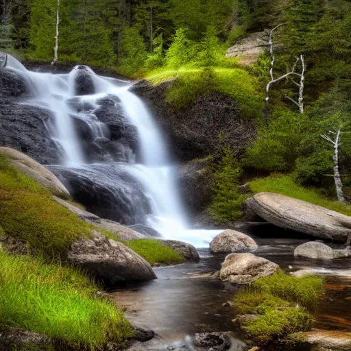 Image similar to walking into a very tall majestic Norwegian waterfall::2 creek, rocks, trout fish, pine and birch trees::1.8 realistic vegetation, realistic material textures, sunny, photorealistic, high speed photography, highly detailed, cinematic lighting, god rays, raytracing reflections, vray render, first person view