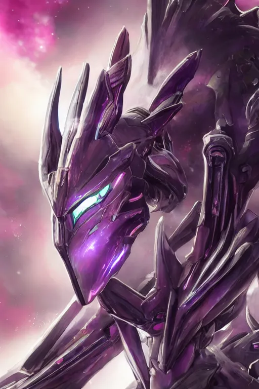 Image similar to cinematic bust shot, hyperdetailed elegant beautiful stunning giant robot mecha hot female goddess dragon, sharp spines, sharp metal ears, smooth purple eyes, smooth fuschia skin, smooth silver armor, nebula size, space, epic proportions, epic scale, warframe fanart, macro giantess, furry art, dragon art, goddess art, giantess art, furaffinity, octane
