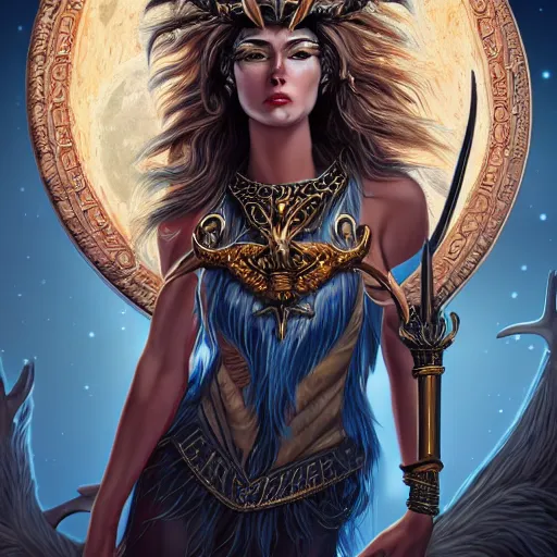 Image similar to highly detailed full body portrait of Artemis, goddess of the hunt and the moon, wearing a crown made of antlers, cinematic lightning, bright colors, intricate, masterpiece, photorealistic, hiperrealistic, sharp focus, high contrast, Artstation HQ, DeviantArt trending, 4k UHD, Unreal Engine 5