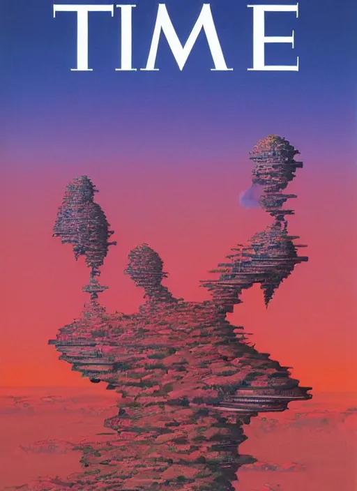 Prompt: TIME magazine cover, the coming AI singularity, by Moebius and Roger Dean, 4k