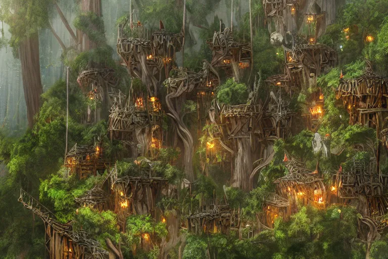 Prompt: a wood elf village suspended high up in the redwood tree canopies, connected by rope bridges, fantasy setting, dense vegetation, very detailed, d & d concept art, 4 k