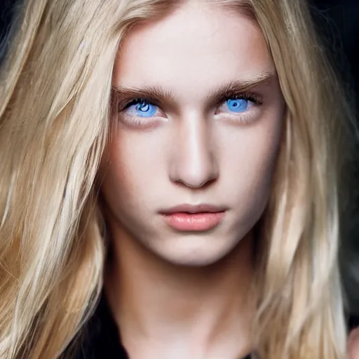 Image similar to Close up 35mm nikon photo of the left side of the face of a young blond model with gorgeous eyes and wavy long blond hair, who looks directly at the camera. ,.