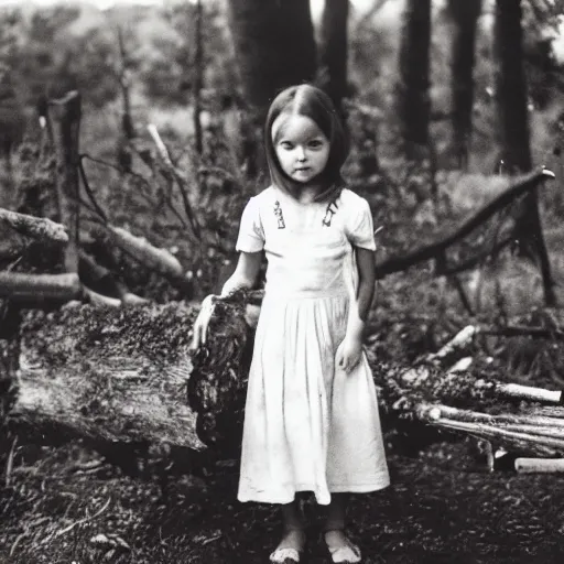 Image similar to a young girl with short brown hair wearing a white dress and holding a bundle of firewood, high resolution film still