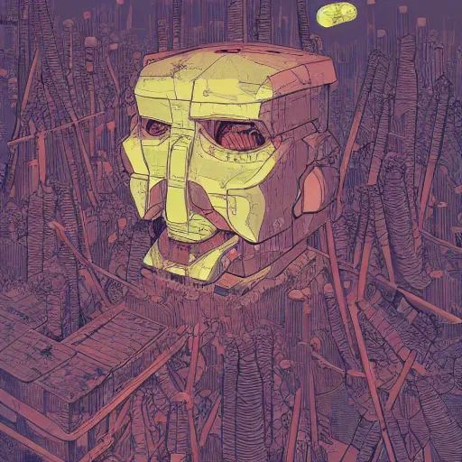 Image similar to aerial isometric view of a giant decaying robot head in middle of lush forest , highly detailed, sunset, by Victo Ngai and James Gilleard , Moebius, Laurie Greasley
