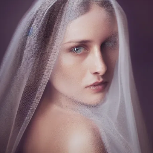 Image similar to portrait of a stunningly beautiful ghostly haunting female with a veil in soft light, depth of field, zeiss lens, detailed, symmetrical, centered, fashion photoshoot, by annie leibovitz and steve mccurry, david lazar, jimmy nelsson, breathtaking, 8 k resolution, extremely detailed, beautiful, establishing shot, artistic, hyperrealistic, beautiful face, octane render