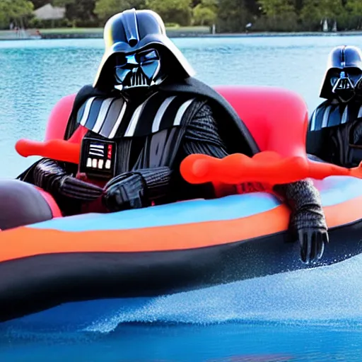 Prompt: darth vader riding in a bumper boat having fun