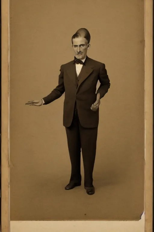 Image similar to vintage full body portrait of an octopus headed man in a suit, sepia