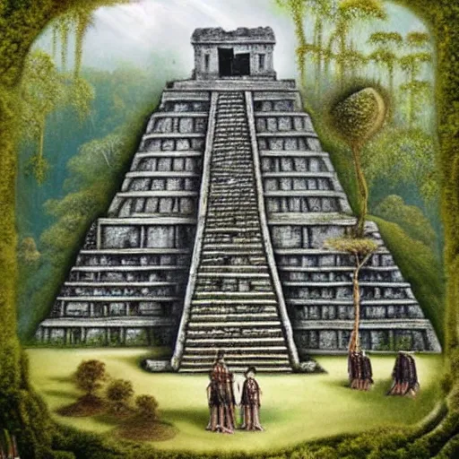 Prompt: mayan ruins in the middle of an overgrown jungle, in the style of remedios varo, photorealistic