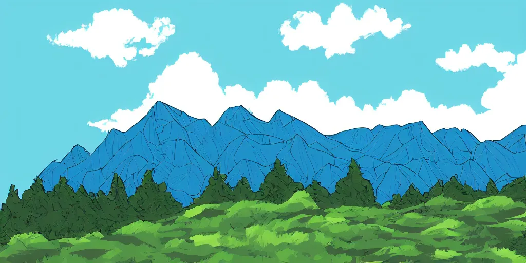 Prompt: digital drawing of mountains in a sunny day, clouds, blue sky, forest