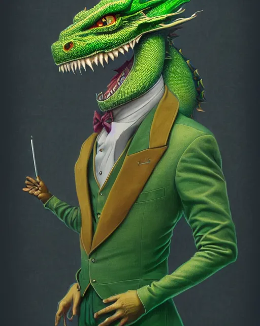 Prompt: anthropomorphic art of a businessman dragon, green dragon, portrait, victorian inspired clothing by artgerm, victo ngai, ryohei hase, artstation. fractal papers, newspaper. stock certificate, highly detailed digital painting, smooth, global illumination, fantasy art, jc leyendecker