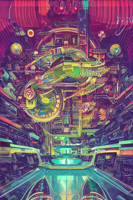 Image similar to a hyper-maximalist overdetailed retrofuturist scifi bookcover illustration from '70s. Biopunk, solarpunk style.