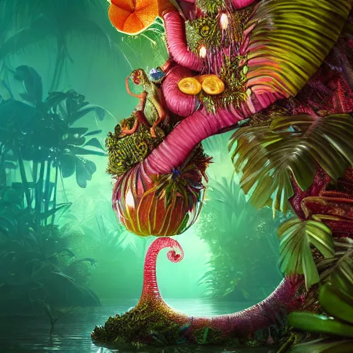 Image similar to tropical fruit creature in a lush trunda candyland vegetation, water reflection, night, backlit, warm tones, bioluminescent : by michal karcz, daniel merriam, victo ngai and guillermo del toro : ornate, dynamic, particulate, intricate, elegant, highly detailed, centered, artstation, smooth, sharp focus, octane render