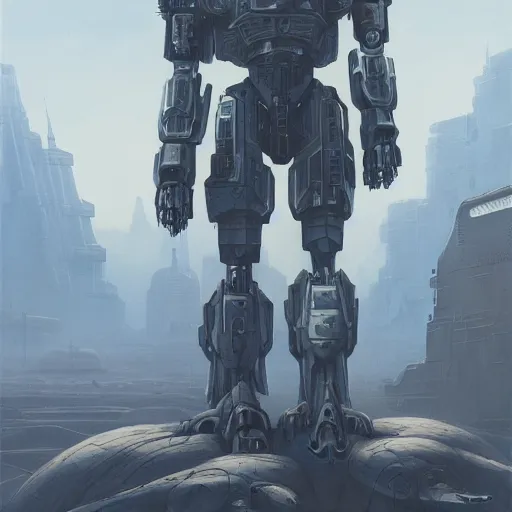 Image similar to bipedal mecha, cyberpunk, war pike, high-tech, sleek, wide shot, desert background, highly detailed, digital painting, artstation, concept art, sharp focus, illustration, art by keith thompson and and magali villeneuve and Zdzisław Beksiński, blue grey and white color scheme