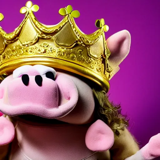 Image similar to pig wearing a gold crown as a Muppet holding a bowl 8k