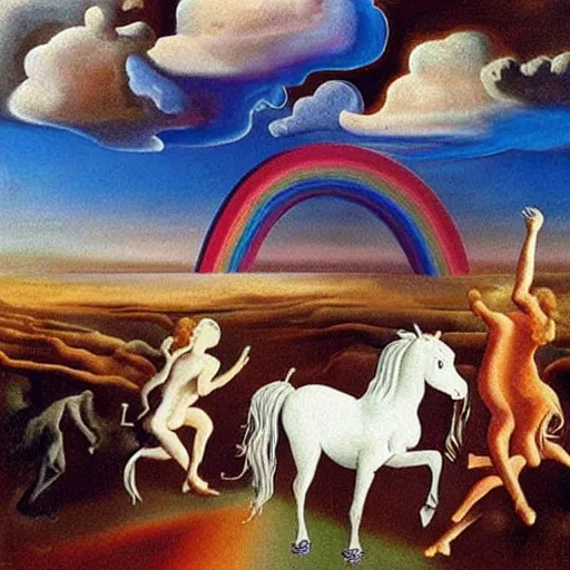 Prompt: unicorns dancing on a graveyard under a rainbow in the sky, painting by Salvador Dali, award winning world-class Artwork, existential horror