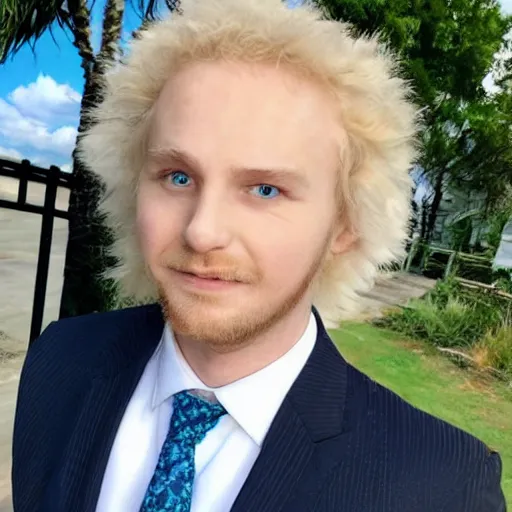 Image similar to fluffy white cate with green and blue eyes wearing a suit and tie