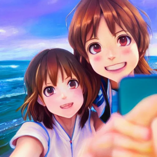 Prompt: beautiful serene intricate very detailed portrait of ochako uraraka and ochako uraraka taking a selfie, smiling softly, relaxing on the beach, golden hour, soft focus, 8 k, art by irakli nadar, hyperrealism, hyperdetailed, ultra realistic