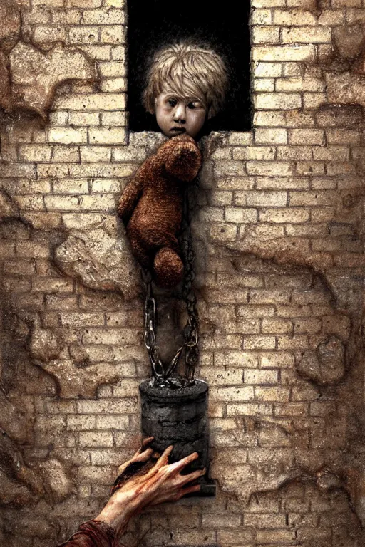 Prompt: giant crack hole on the brick concrete wall, child with dirty face watching from inside the crack reaching towards camera hand is holding a dirty ealistic teddybear. gloomy, intricate, elegant, highly detailed, digital painting, artstation, concept art, addiction, chains, smooth, sharp focus, illustration, art by ilja repin and greg rutkowski