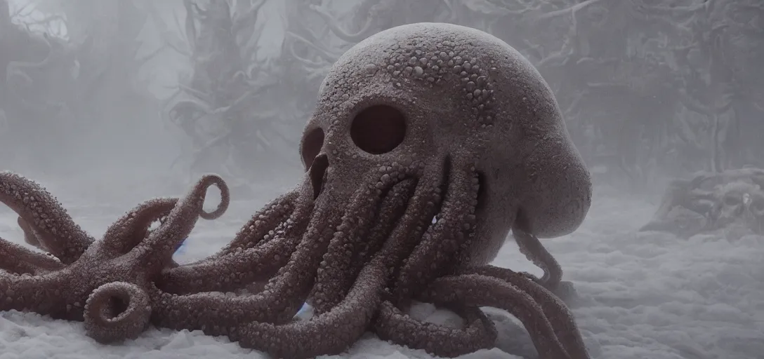 Prompt: an octopus in the shape of a skull surrounded by snowy flowers at dawn, foggy, cinematic shot, photo still from movie by denis villeneuve, wayne barlowe