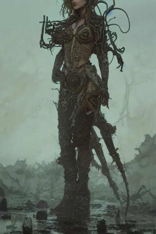 Prompt: a full body portrait of a beautiful post apocalyptic offworld nordic necromancer reposed by the bubbling mud pits, intricate, elegant, highly detailed, digital painting, artstation, concept art, smooth, sharp focus, illustration, art by krenz cushart and artem demura and alphonse mucha