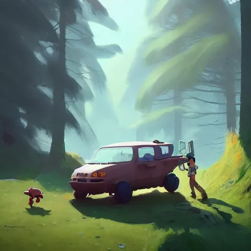 Image similar to goro fujita ilustration hikers parking the car in the forest, painting by goro fujita, characterized by masamune shirow and greg rutkowski, character art, focus, highly detailed, artstation