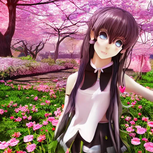 Prompt: 3d rendered anime girl with cherry blossoms as clothing in a flower garden, fantasy art, hyper realistic, detailed, ultra detailed, dynamic lighting, fantasy concept art