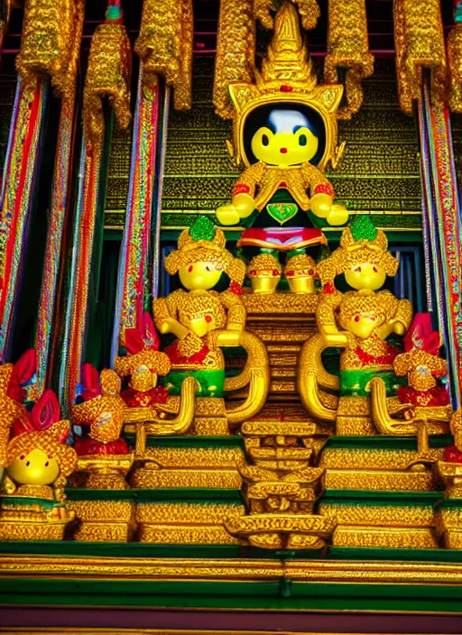 Image similar to emerald buddha temple designed by hello kitty, high lights, 4 k, high detailed photography, 5 0 mm lens, depth of field, cinematic