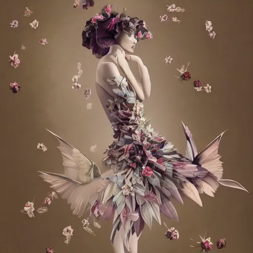 Image similar to 3 / 4 view of a beautiful girl wearing an origami dress, eye - level medium shot, fine floral ornaments in cloth and hair, hummingbirds, elegant, by eiko ishioka, givenchy, by peter mohrbacher, centered, fresh colors, origami, fashion, detailed illustration, vogue, japanese, reallusion character creator