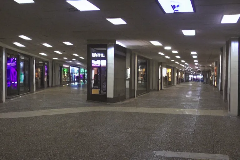 Prompt: closed liminal mall, 4k, mid night, scary, very dark, 2000s photo