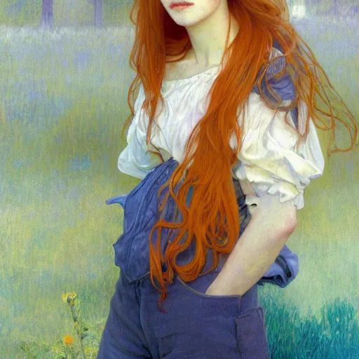 Prompt: A young woman with orange long hair and bangs in shorts and white shirt drawn by Donato Giancola and Makoto Shinkai, frank frazetta, Alphonse Mucha, background by James Jean and Gustav Klimt, 4k, porcelain skin, volumetric lighting, french nouveau, trending on artstation, octane render, hyperrealistic