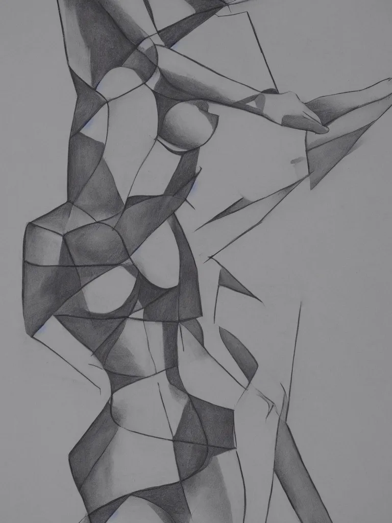 Image similar to geometric shape blocking of woman figure, detailed, charcoal on paper, high contrast