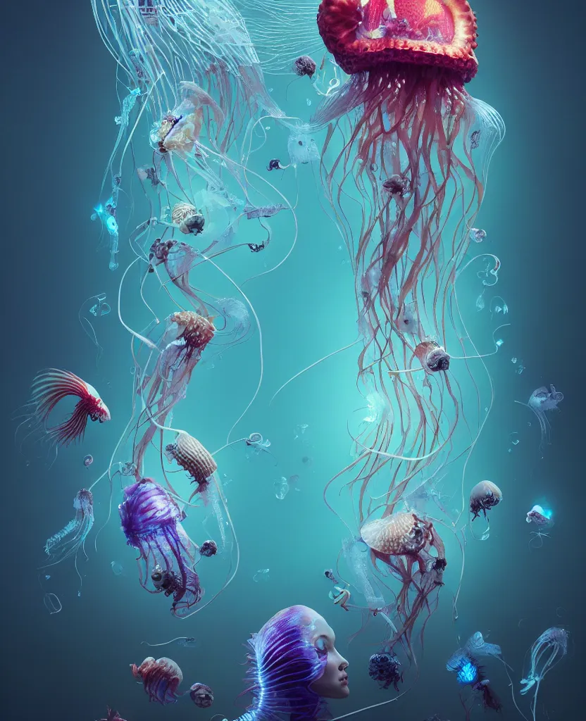 Image similar to human thorax, jellyfish phoenix head, nautilus, orchid, skull, betta fish, bioluminiscent creatures, intricate artwork by Tooth Wu and wlop and beeple. octane render, trending on artstation, greg rutkowski very coherent symmetrical artwork. cinematic, hyper realism, high detail, octane render, 8k