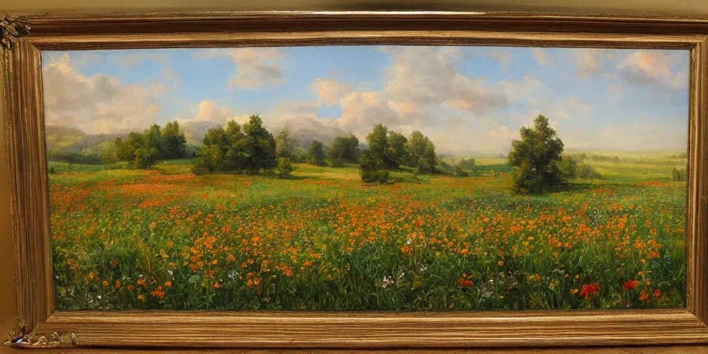 Prompt: a bright oil painting of a beautiful meadow; masterpiece; extremely-detailed; by Carravaggio