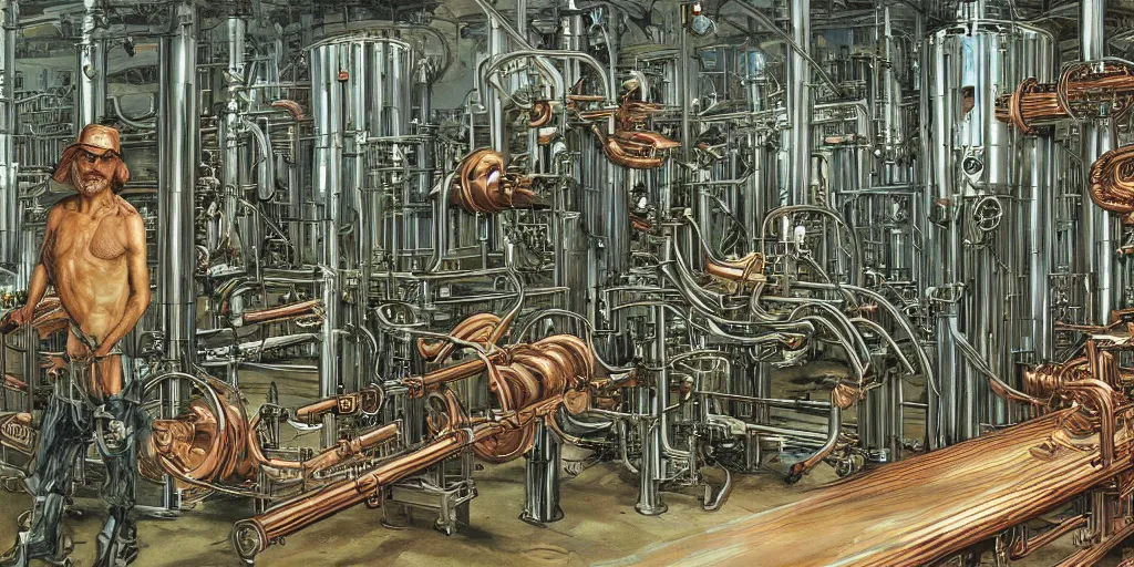 Image similar to machine apparatus for making snake oil, huge copper machine fed by green pipework, art by glenn fabry and wayne barlowe, barrels of snake oil in a hermetically sealed production line