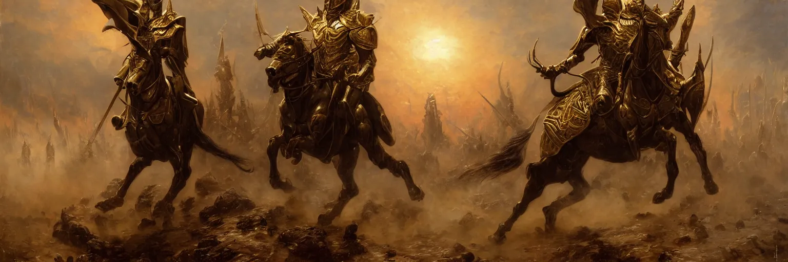 Image similar to sauron in a golden armor in a battlefield, dark foggy background, painting by gaston bussiere, j. c leyendecker, gustave dore, extremely realistic and highly detailed 8 k, sharp focus, mysterious atmospheric lighting, octane render, dramatic volumetric lighting, golden ratio, extremely realistic faces