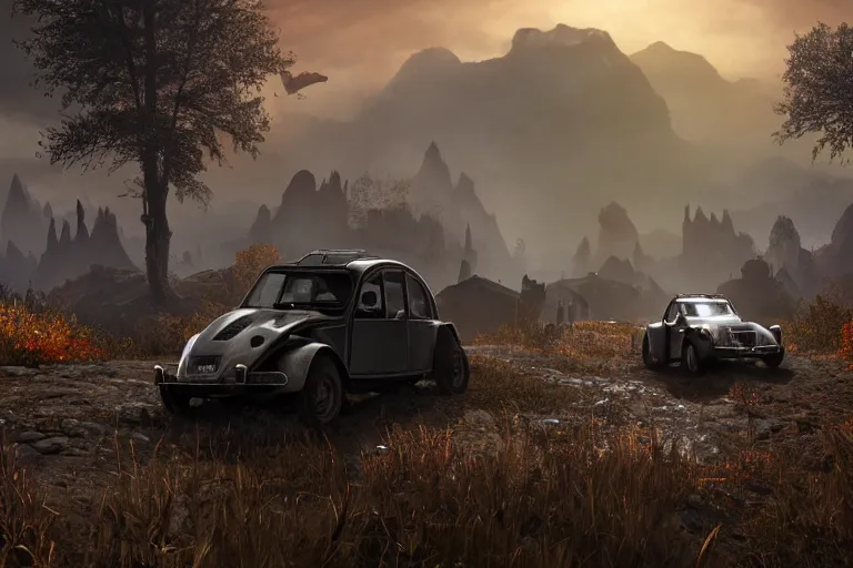 Image similar to daedric offroad citroen 2 cv ( 1 9 6 5 ) driving across the rift, daedric axe stored on the side of the car, leather and cloth traveller backpacks on roof, riften city in the background, epic fantasy, autumn, the elder scrolls v : skyrim, dramatic lighting, establishing shot, by simon stalenhag