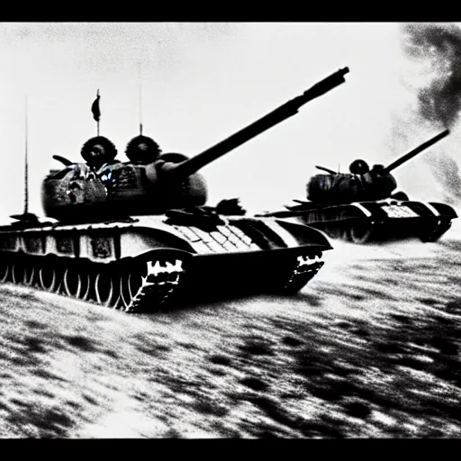 Image similar to black and white photo Dragons in Battle of Kursk WWII, dragons flying, tanks
