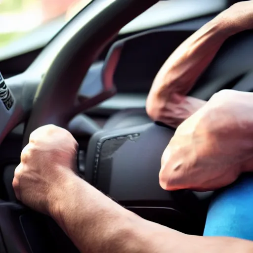 Image similar to extremely muscular and vascular hand gripping a steering wheel tightly, first person pov, detailed, 4 k