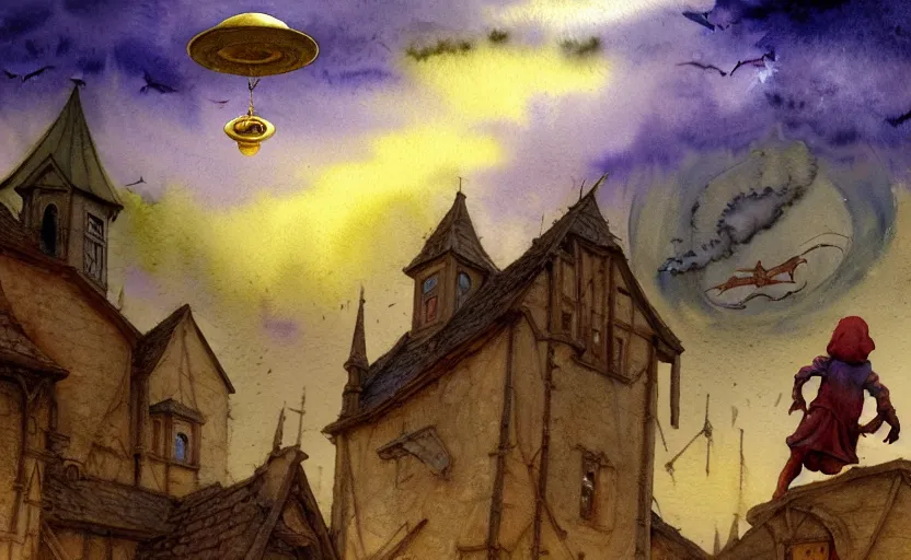 Image similar to a hyperrealist watercolor concept art of an elegant alien and a golden ufo in the sky above a small medieval town during a thunderstorm. a dirty medieval peasant child is in the foreground pointg up at the sky. very muted colors, by rebecca guay, michael kaluta, charles vess. high detail, hq, wide shot, 4 k