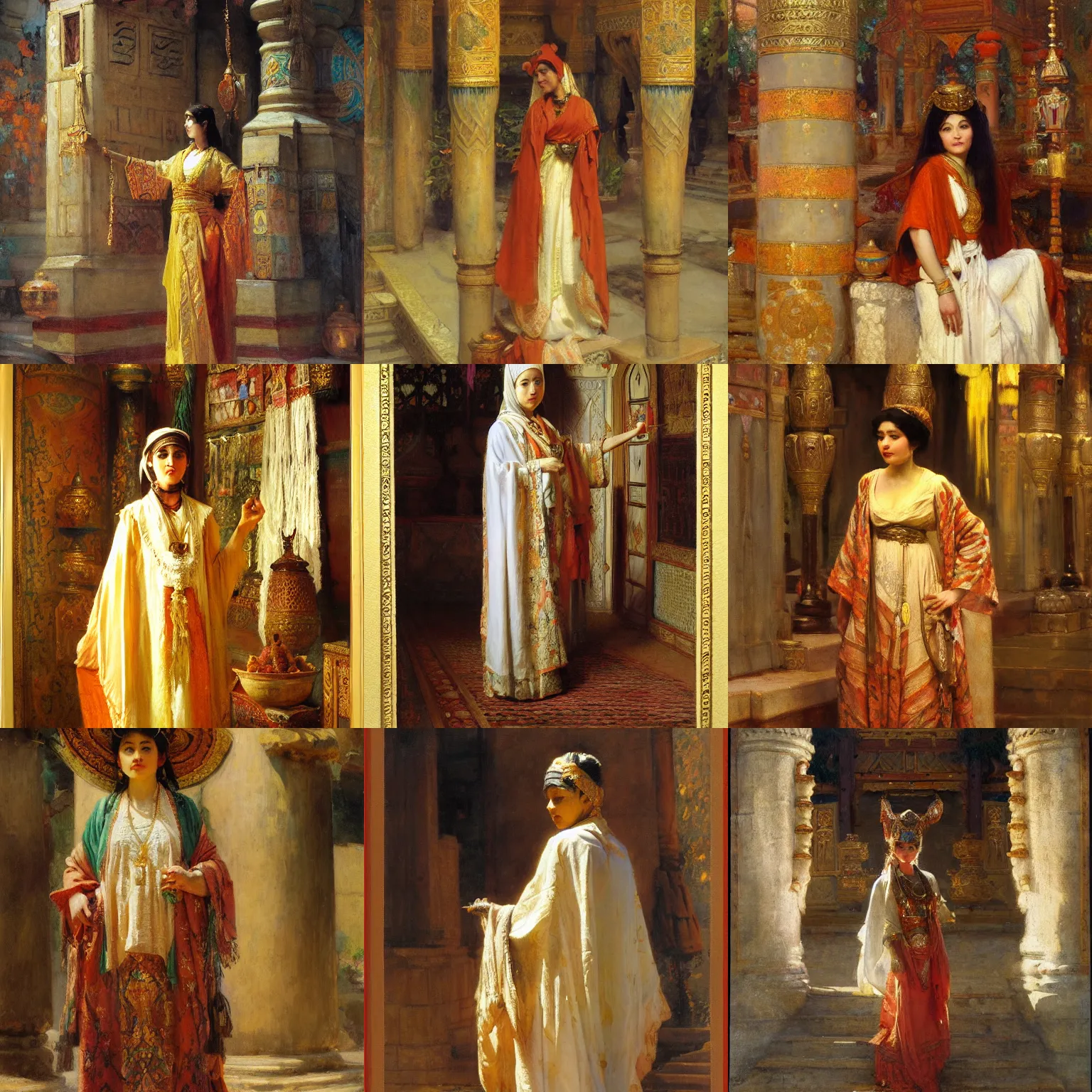 Prompt: orientalism cute priestess standing in a richly decorated temple by theodore ralli and nasreddine dinet and anders zorn and nikolay makovsky and edwin longsden long, oil on canvas, masterful intricate artwork, excellent lighting, high detail 8 k