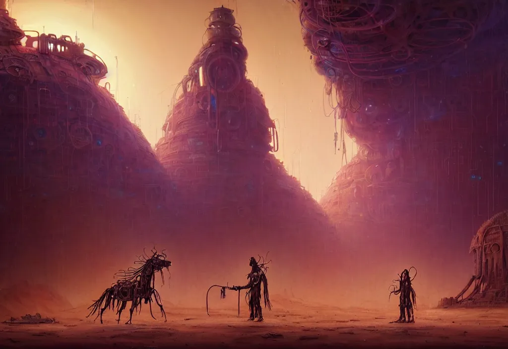 Image similar to A techno-magical male-shaman in shamanistic robes performs a ritual to resurrect a mechanical horse in a huge steel ancient ruins covered of dunes of sand. Art by Finnian MacManus, Simon Stalenhag. Masterpiece, fantasy art, cinematic, hyperdetailed, sigils, photorealistic, cyberpunk, postapocalyptic, steampunk, hyperrealism, octane render, 8k