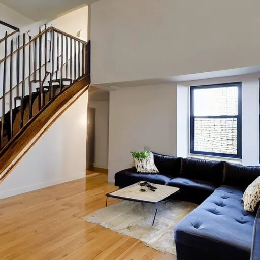 Image similar to photo of an apartment with high windows and staircase leading to second floor, modern furnishing. A tv stands in the corner in front of a couch. The other corner has a dining table.