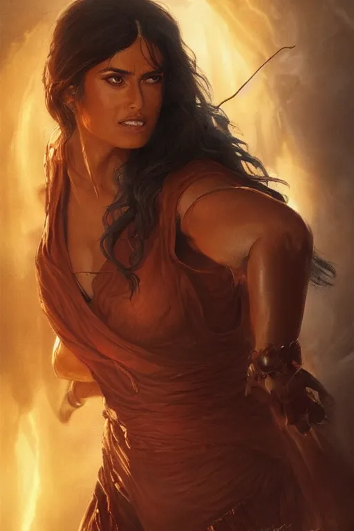 Image similar to portrait, Salma Hayek as a sorceress, dramatic lighting, cinematic, establishing shot, high detail, photo realistic, cinematic lighting, post processed, concept art, artstation, matte painting, style by eddie mendoza, raphael lacoste, alex ross