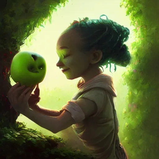 Image similar to a girl accepting an apple from a green skinned witch, by Jordan Grimmer and greg rutkowski, crisp lines and color,