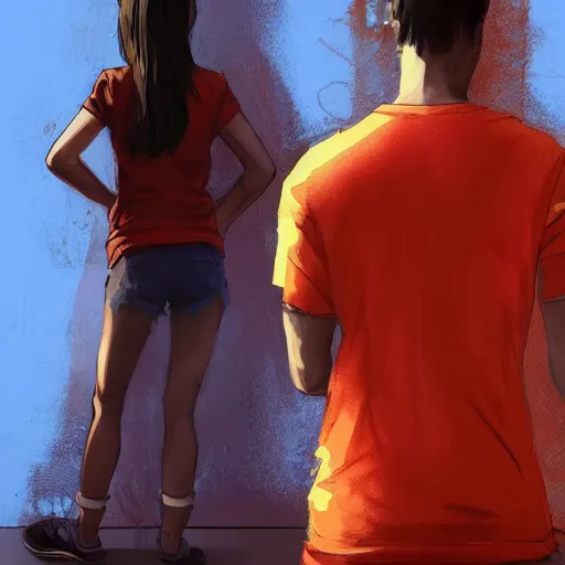 Image similar to man in orange t - shirt hugging from behind girl, vivid colors, character sheet, fine details, concept design, contrast, kim jung gi, greg rutkowski, trending on artstation, 8 k, full body, turnaround, front view, back view, ultra wide angle