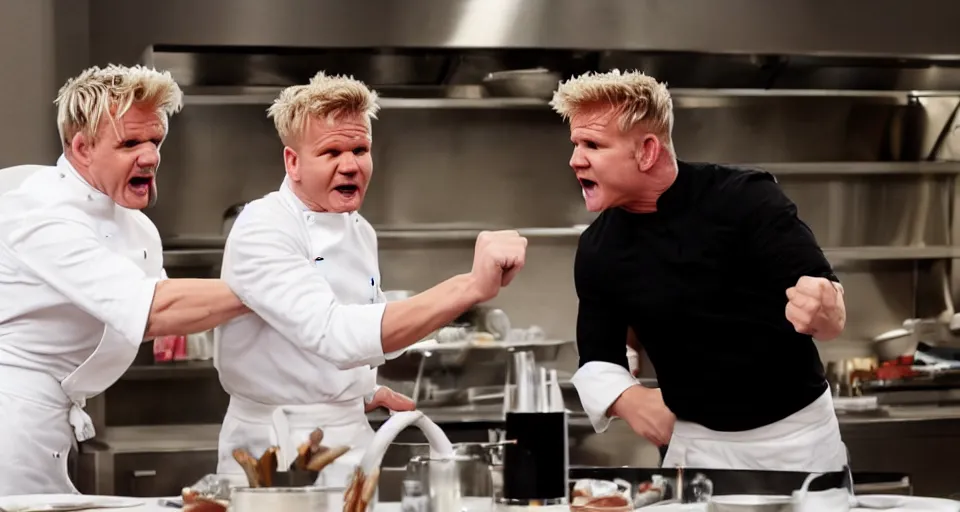 Image similar to photo of angry furious Gordon Ramsay punching Gordon Ramsay at the kitchen